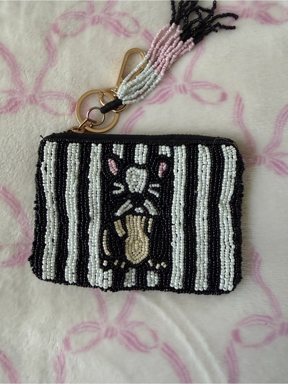 Beaded Black & White Cat Stripe Wristlet Key Pouch